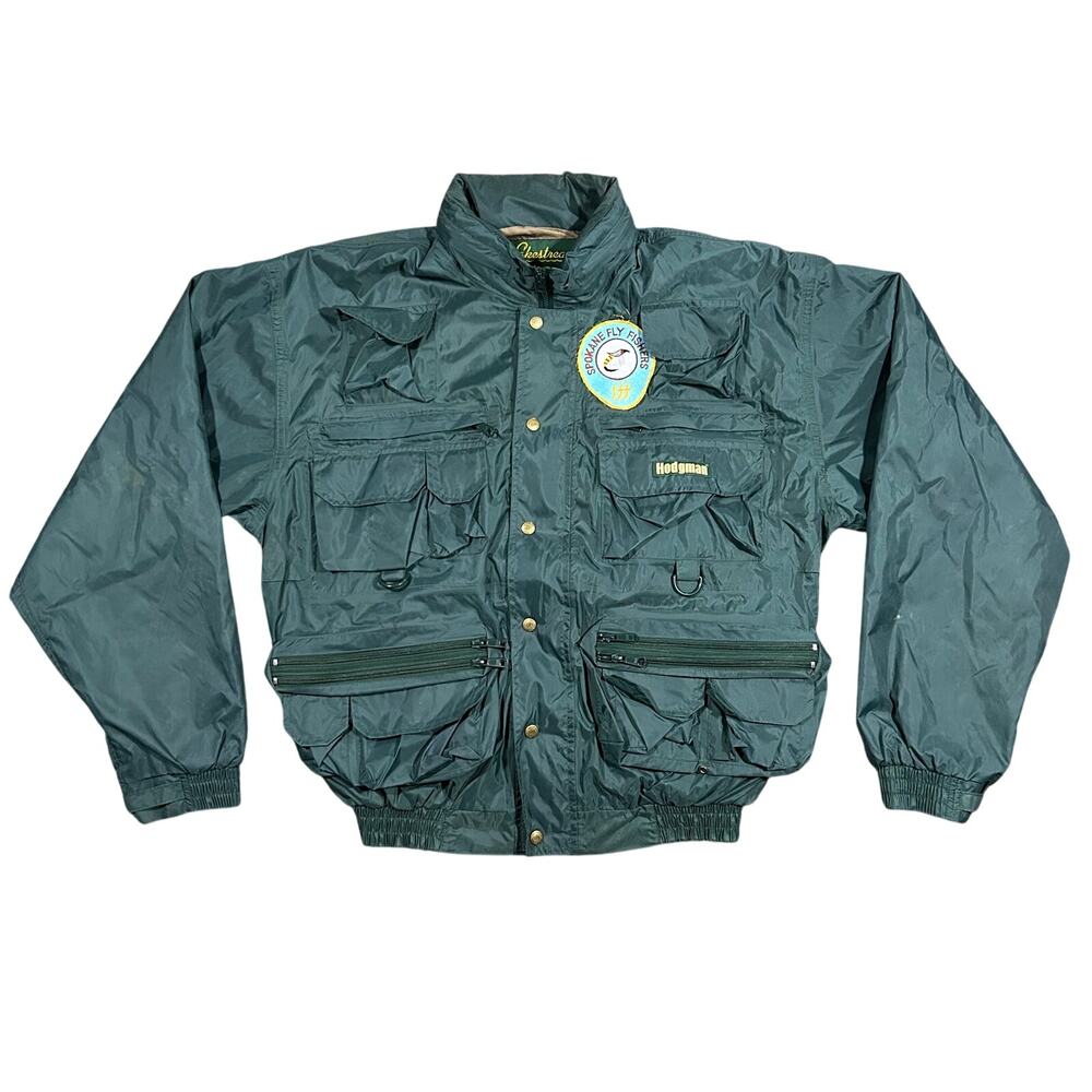 Vintage Lakestream Fly Fishing Jacket Mens Large Green Patch Hooded Waterproof